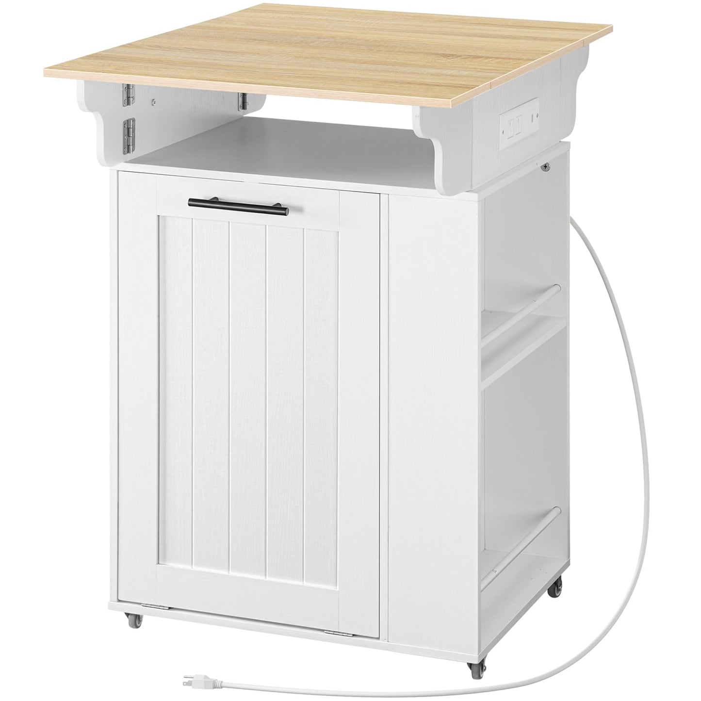 HOOBRO Kitchen Island with Trash Can Storage, Rolling Kitchen Island with Drop Leaf Countertop, Island Table with Power Outlet & Spice Rack, for 10 Gallon Garbage Bin, White and Natural WN33UZD01