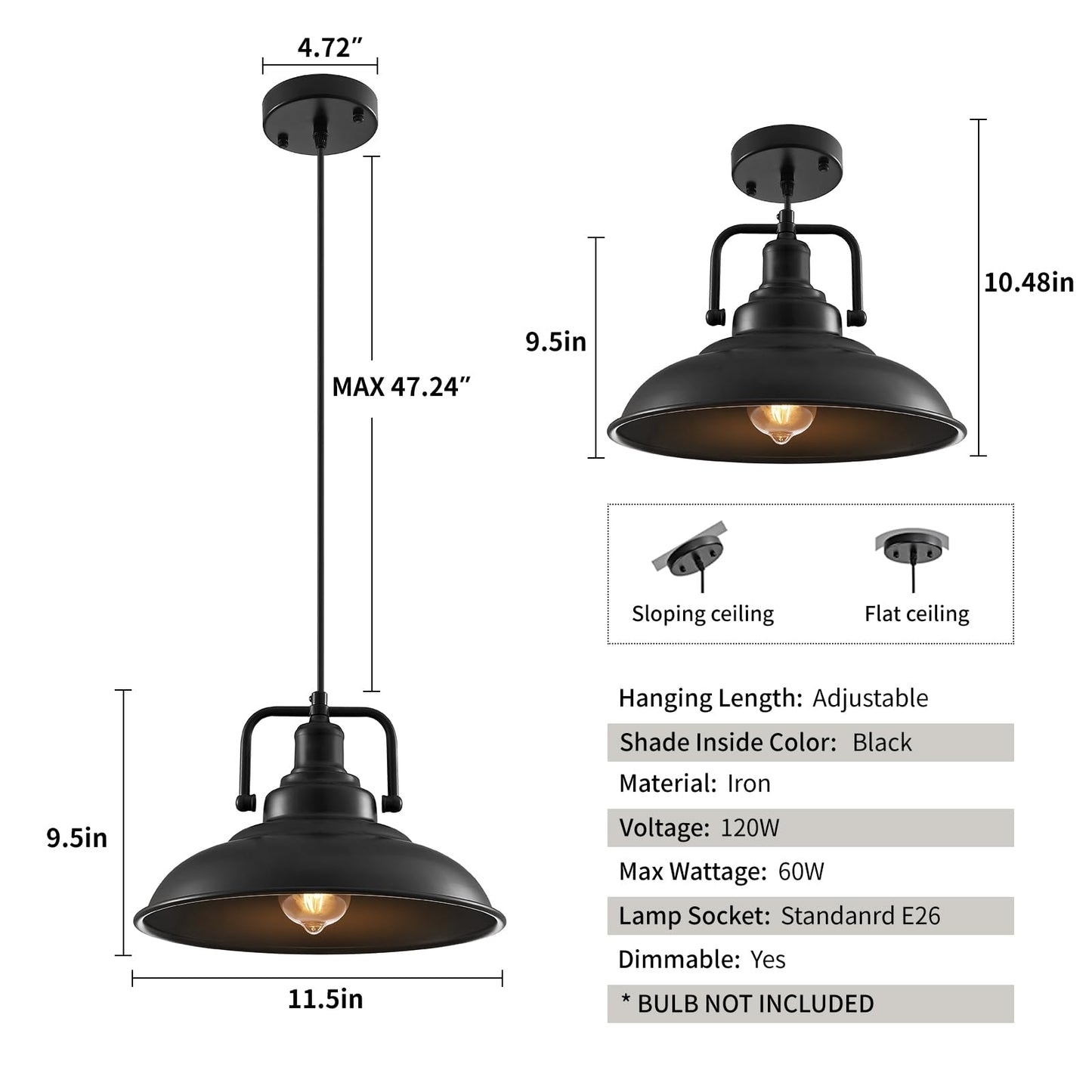 SESIMENT Black Pendant Light 12.5 inches 3 Packs, Farmhouse Pendant Light, Industrial Pendant Lighting, Kitchen Pendant Lights, Pendant Lights Kitchen Island for Dinning Room Entryway Barn