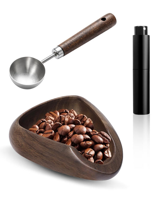 PROKITCHEN Coffee Bean Dosing Cup Set, Walnut Dosing Tray with 15ml Stainless Steel Measuring Spoon & 10ml Coffee spray bottle, Espresso Accessories for Baristas and Home Brewers