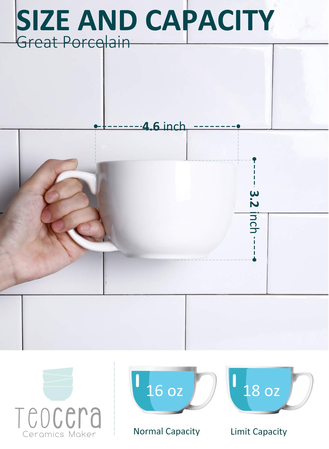 Teocera 16oz Large Coffee Mugs Set of 4 - Thick White Porcelain Cups for Cappuccino, Latte, Tea & Hot Chocolate - Dishwasher Safe Ceramic with Comfort Grip Handles
