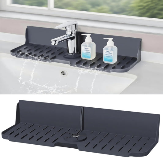 DAECHAO Sink Splash Guard Behind Faucet, Silicone Sink Faucet Drying Mat & Dish Soap Sponge Holder, 17" x 5.5" Silicone Kitchen Sink Auto Drain Organizer (Grey)
