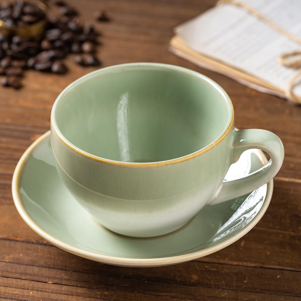 Tvvtuww Porcelain Coffee Cup with Saucer Spoon, Vintage Design Ceramic Latte Art Cappuccino Barista Espresso Tea Cup with Saucer (11.6 oz, 350ml, White Both Green)