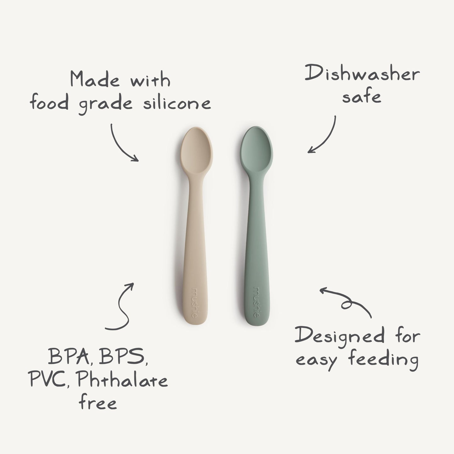mushie Silicone Baby Feeding Spoons | 2 Pack (Dried Thyme/Natural)