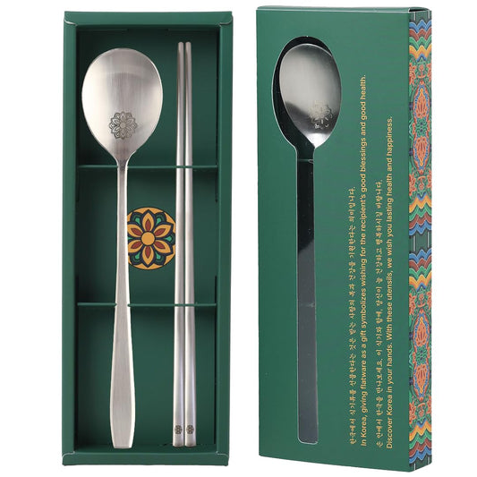 BAPMOO Korean Spoon and Chopsticks Set, 18/10 Stainless Steel Sujeo Gift Set for One, Laser Engraved Floral Spoon, Gift-Ready Korean Tableware
