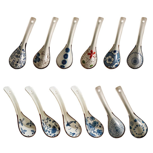 Raelitego 12pcs Asian Soup Spoon, Ceramic Chinese Soup Spoons, Deep Oval Hook Non-slip Japanese Spoons for Rice Ramen Pho Miso Soup Wonton Noodle, Luck and Prosperity Gifts for Friends Parents Family