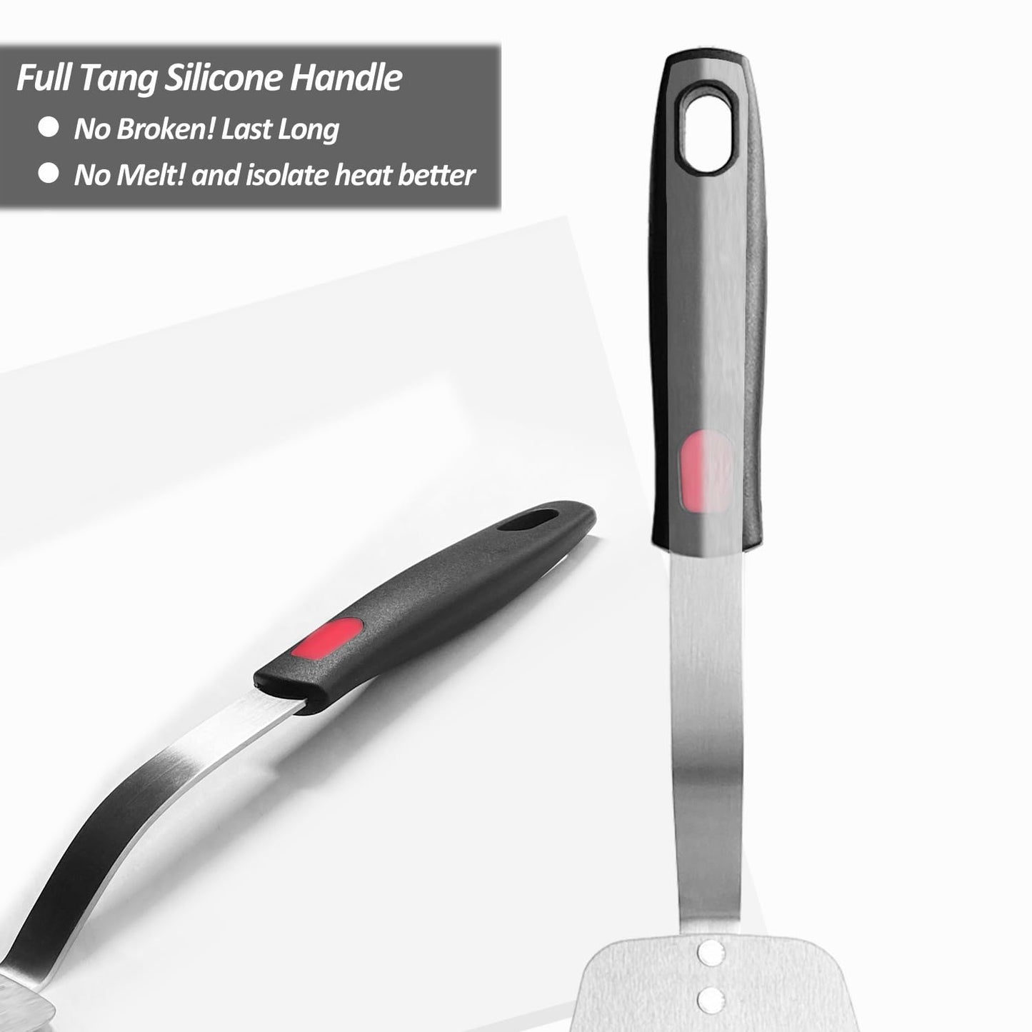 Stainless Steel Flexible Spatula Slotted Turner, XiaoZu Thin Metal Spatula for Cast Iron Skillet, Thin Blade and Heat Resistant Silicone Handle, Great for Egg, Cookie, Meat, Crep, Medium + Large