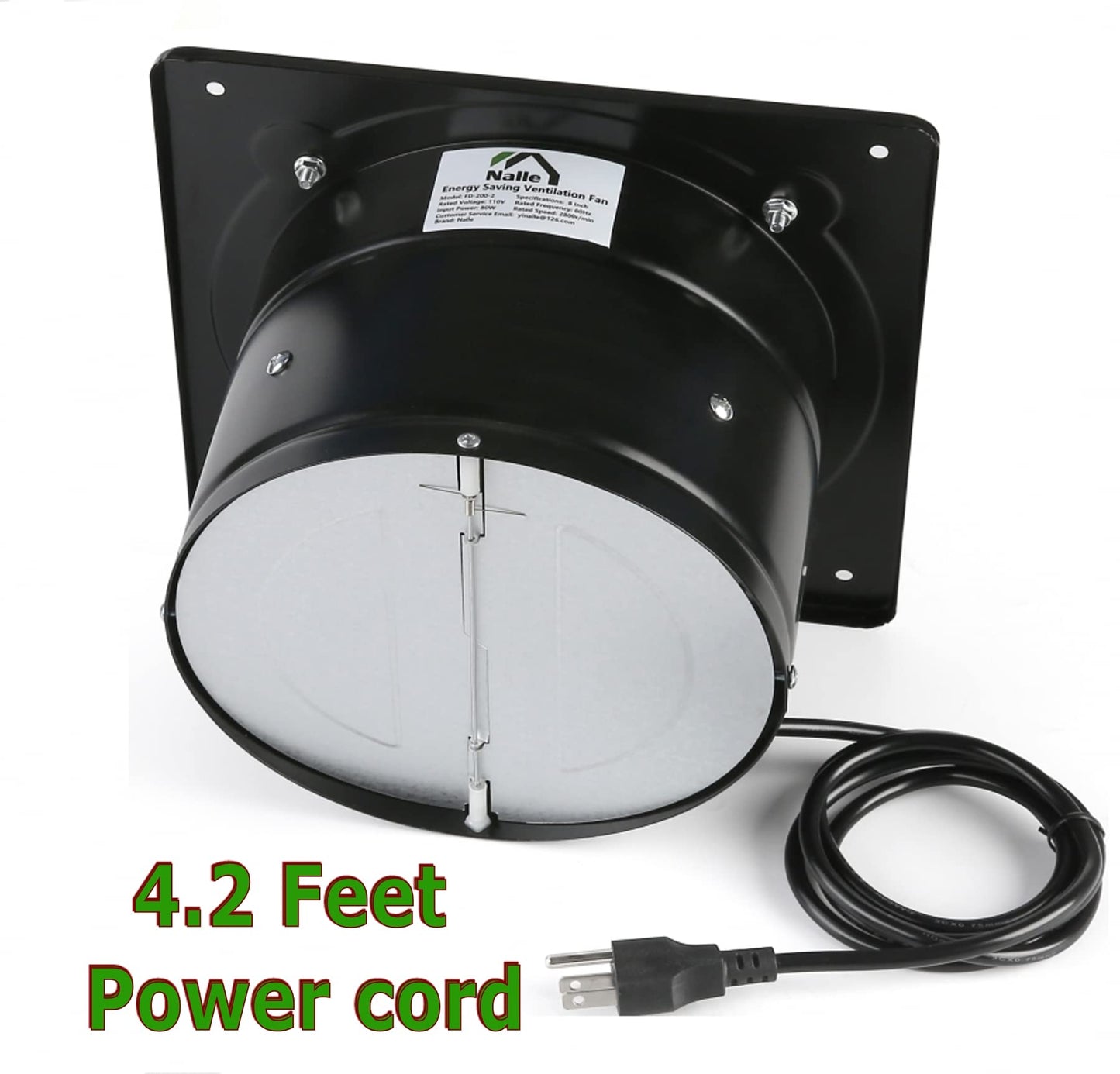 Nalle 8 inch Exhaust Fan 80W 500CFM Through-wall installation Ventilation Fan 110V Exhaust Smoke Fan Ventilation with Power Cord for Kitchen,Bathroom,laundry room,Toilets,Garage (Black