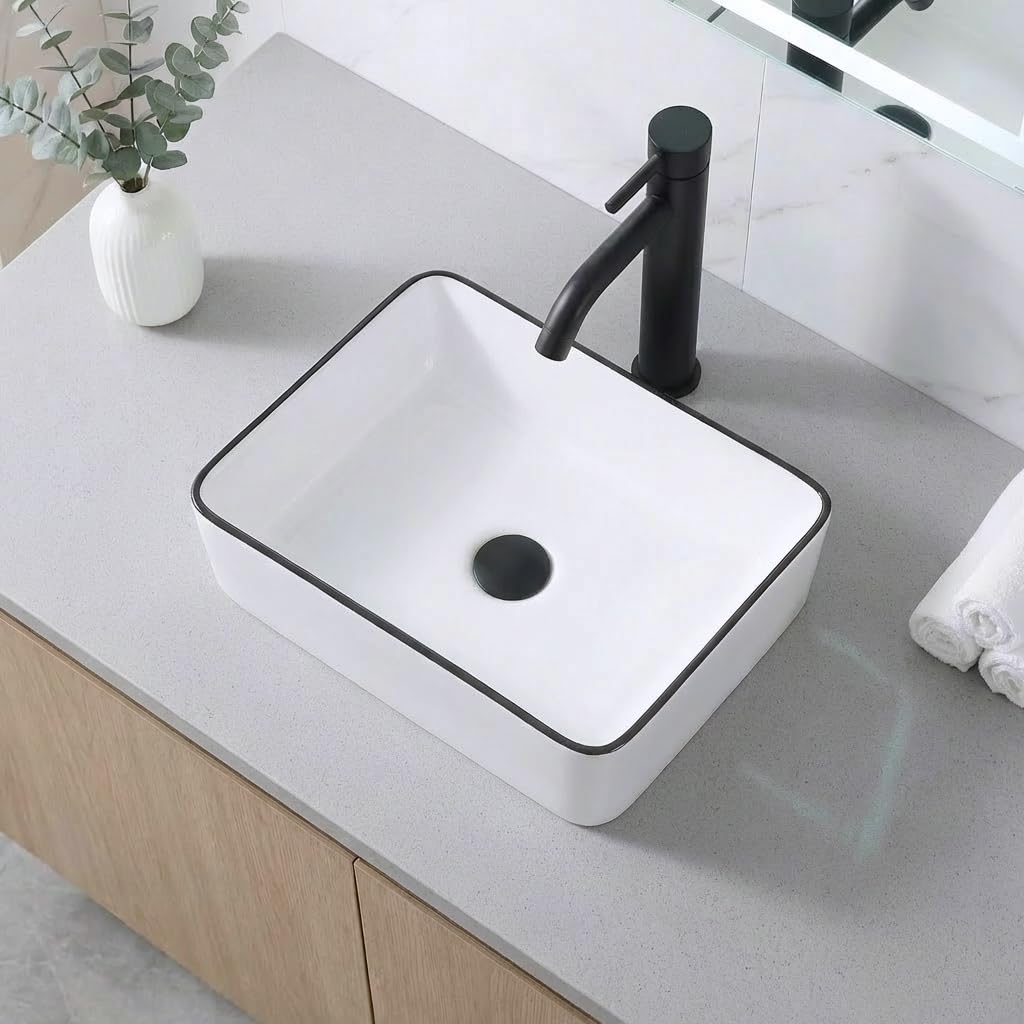 MAISINK Bathroom Vessel Sink, Rectangular 16"x12" Modern Small Bathroom Sink Above Counter, Rectangle White Porcelain Ceramic Small Vessel Sink With Black Trim
