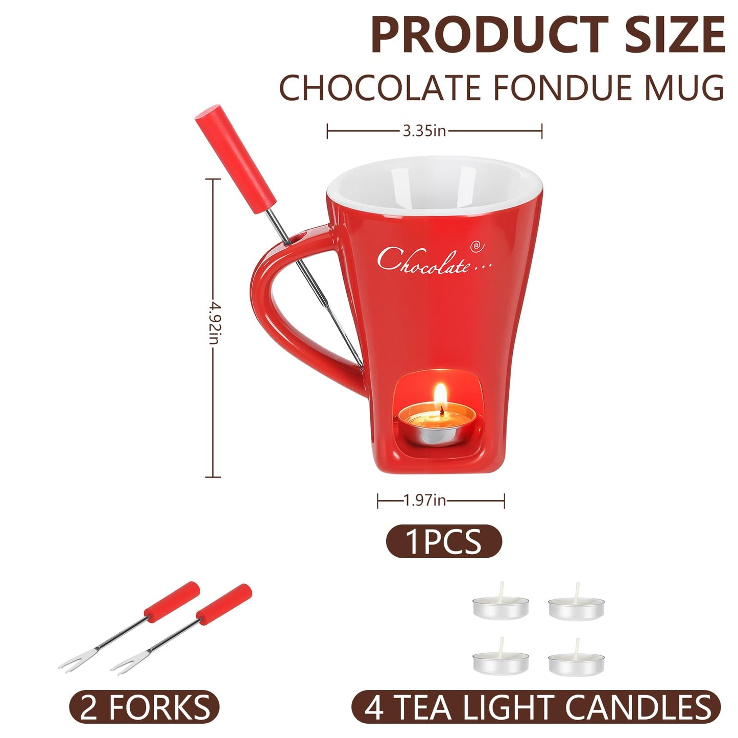 Fondue Pot Cup Set, Chocolate Melting Fondue Mugs with 2 Forks & 4 Tealights, Mini Red Ceramic Fondue Set for Cheese, Marshmallows, Sweet Fondue Cup for Date Night, Party, Wedding, or Holiday Gift
