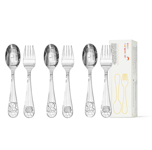 KINGSTONE Kids Silverware Set, 6-Piece Large Forks & Spoons, 18/10 Stainless Steel, Ergonomic Flatware for Self-Feeding Children, Home & Travel, Honey Bear Print