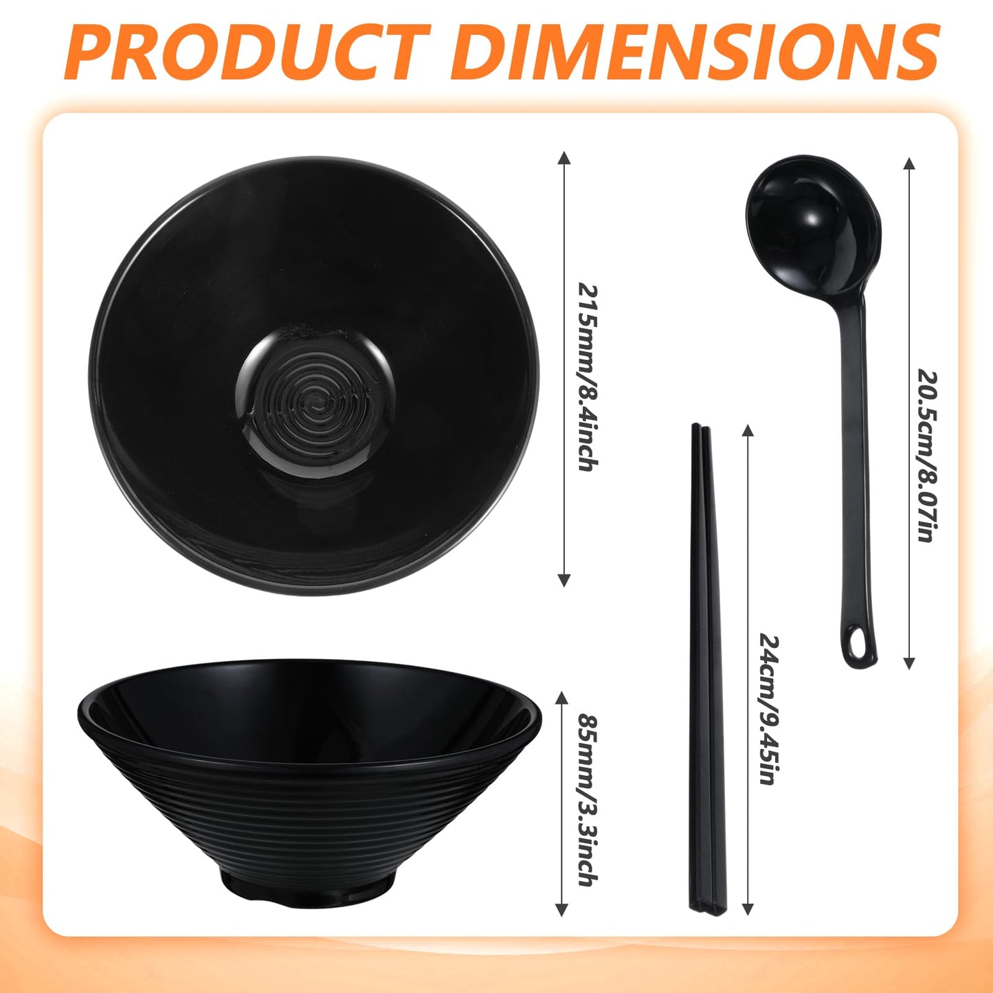 Set of 4 Ramen Bowl Set, Melamine Large Japanese Style Noodle Soup Bowls with Spoons and Chopsticks for Ramen, Pho, Noodles, Asian Dishes Black,Large Bowl for Adults| Dishwasher Safe (Black 8.7in)