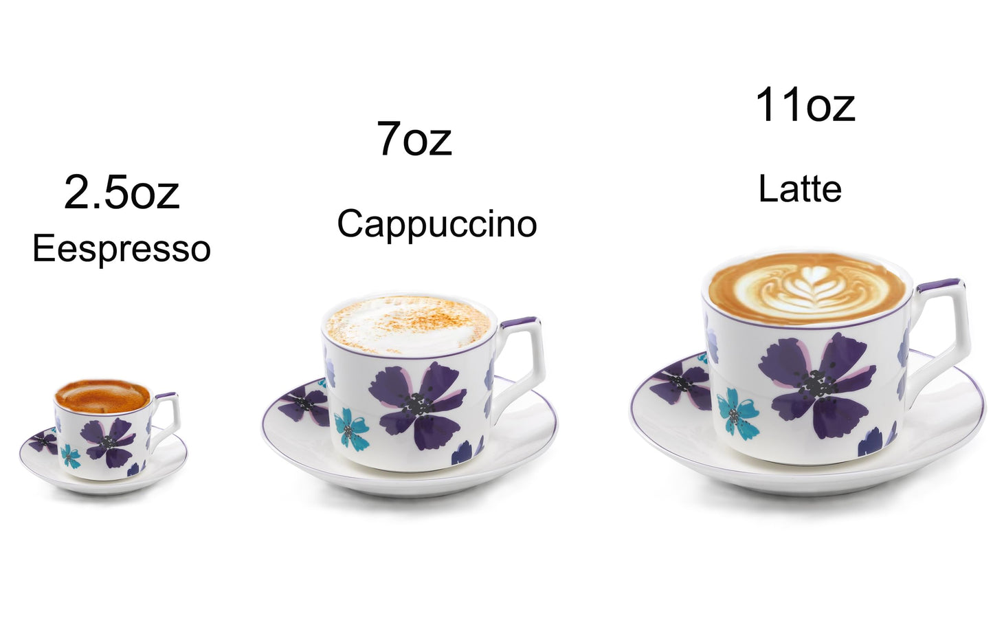 GuangYang 7oz Tea Cups set of 6, Fancy Color Flowers Design (Durable Porcelain for Hot Tea, Coffee, Latte,Small Macchiato, Cappuccino, Chocolate Drinks and Party)
