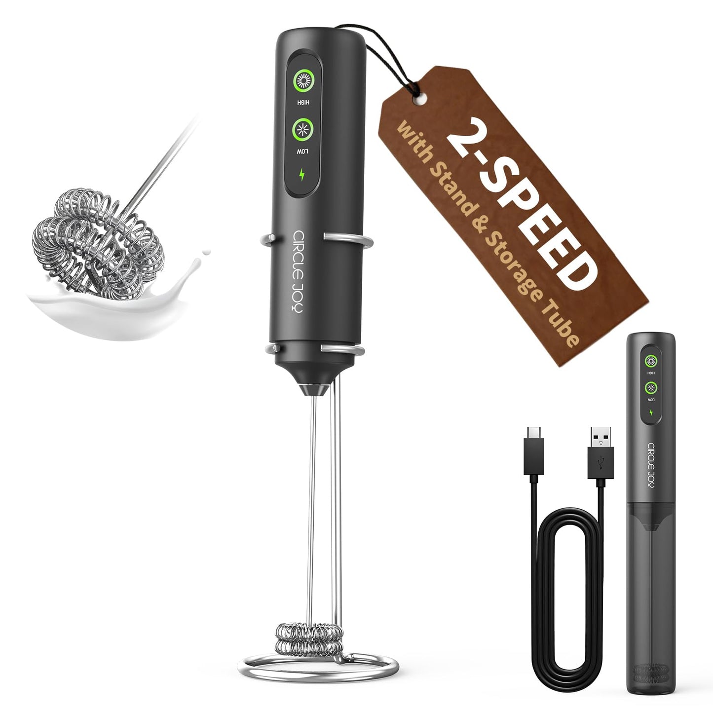 CIRCLE JOY Rechargeable 2-Speed Handheld Milk Frother with Stand, Dual Spring Whisk Electric Foamer, Portable & Detachable Coffee Frother Wand, Drink Mixer for Lattes, Macchiato, Hot Chocolate, Black