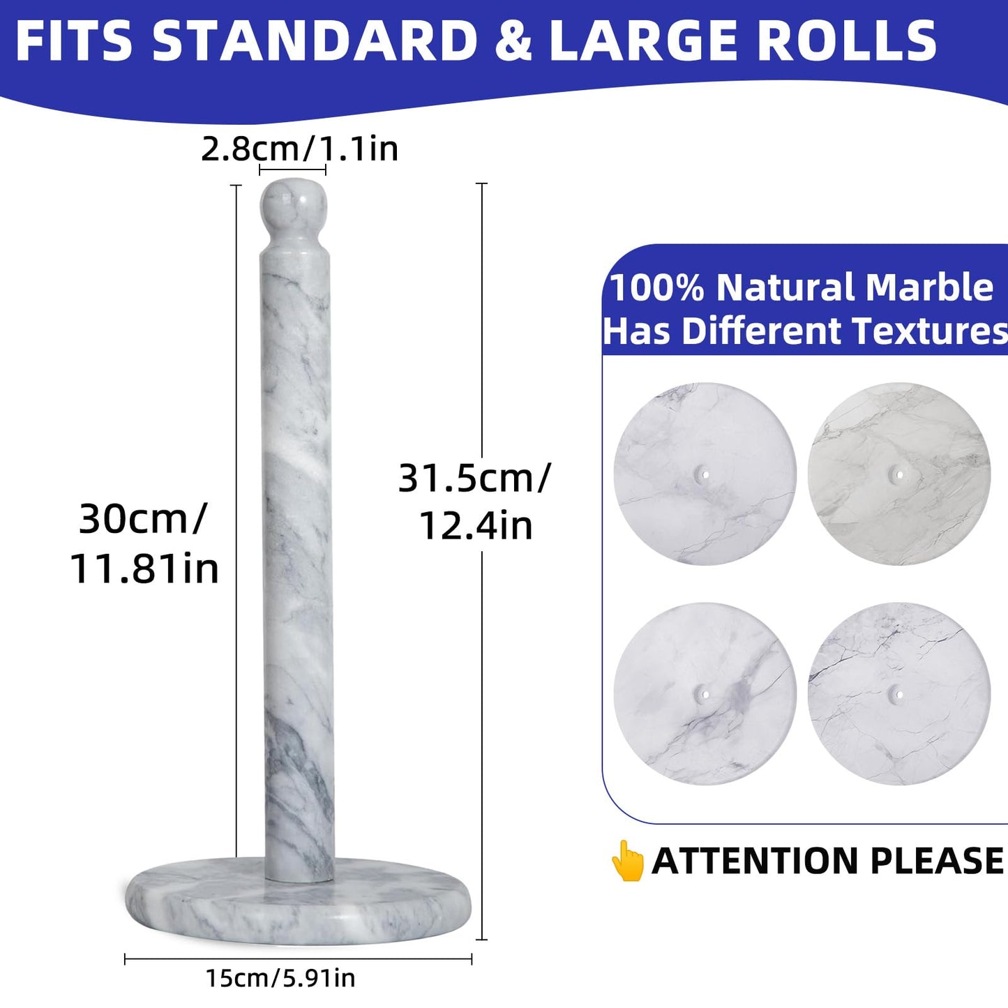 Natural Marble Paper Towel Holder for Kitchen Countertop - 2.6 lbs (1.2kg) Heavy Duty Weighted Base for One-Handed Tearing - Fits Jumbo Rolls - Elegant Modern Design with Ball Top - White & Grey