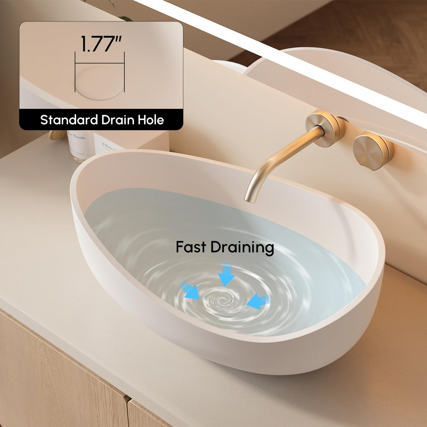 Weibath Oval Vessel Sink, Stone Resin Bathroom Sink in Matte White with Pop-Up Drain, Modern Countertop Sink 22.44"