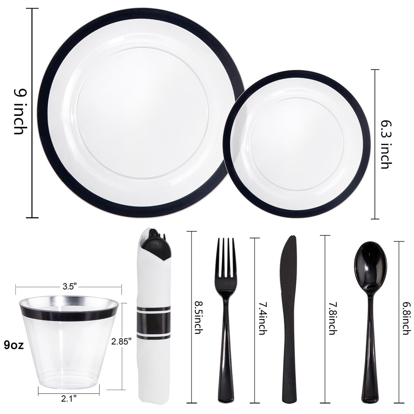 Liacere 350PCS - Clear Plates with Black Rim for 50Guests Dinnerware Include 100 Clear Plates disposable 150 Black Silverware 50 Napkins for Party & Graduation