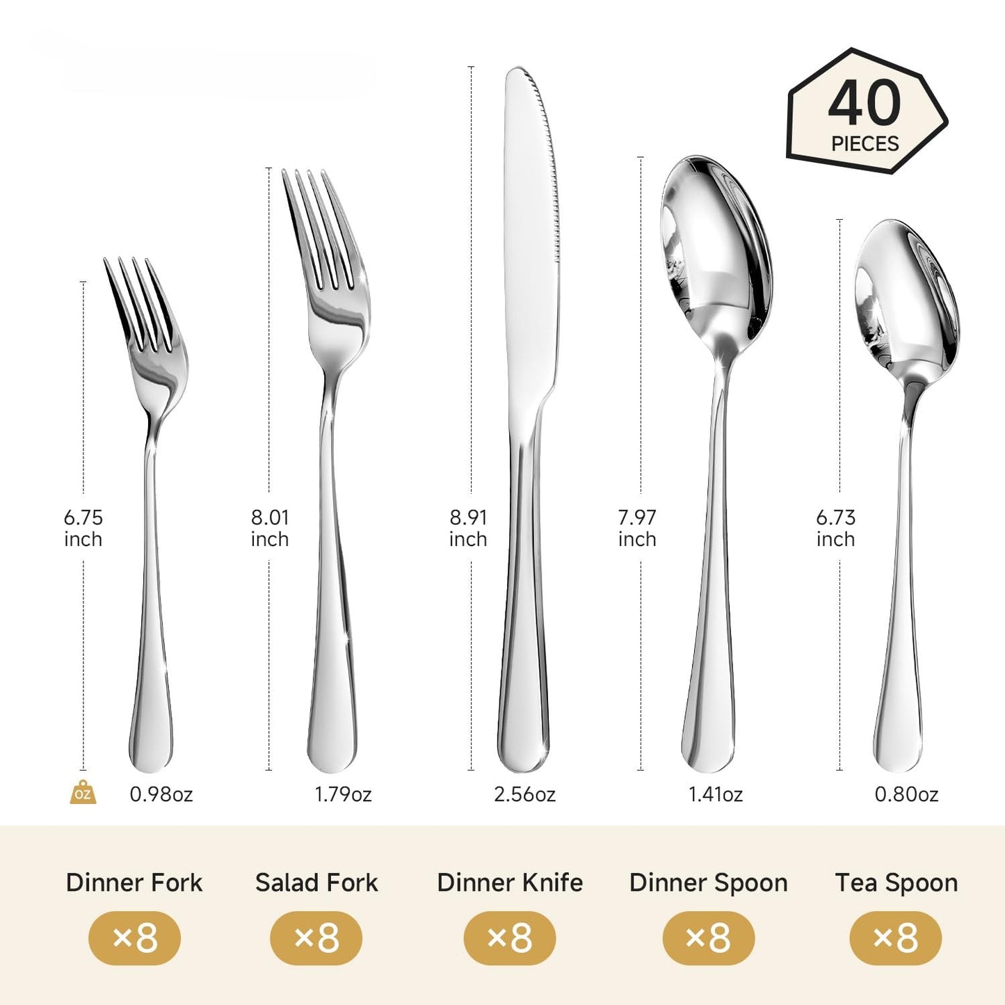 40-Piece Silverware Set for 8, Premium 18/10 Stainless Steel Flatware, Quality Heavy Duty Cutlery Utensils, Mirror Polished Dishwasher Safe Silverware for Home Wedding Housewarming Gift - HIKAA