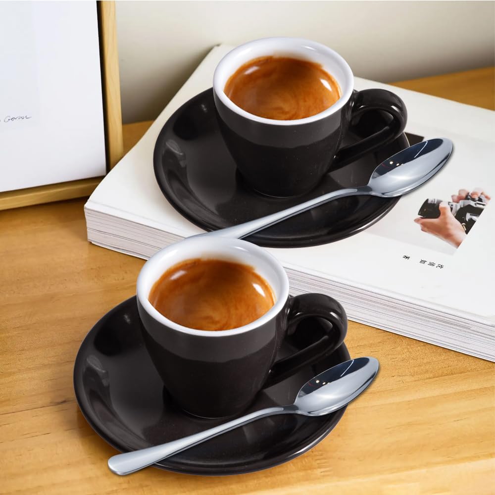 ionEgg Porcelain Espresso Cup with Saucer And Stainless Steel mini Spoons, Espresso shot Cup, 80ml/2.7Oz, Pack of 2, Black