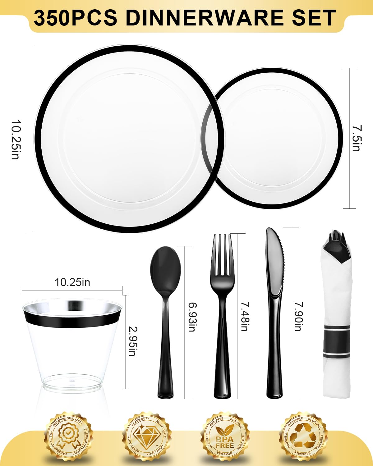 BESTVIP 350Pcs Clear Black Plastic Plates for Party, Disposable Dinnerware Set for 50 Guests, 100 Plastic Plates, 50 Cups, 50 Pre-Rolled Napkins with Cutlery for Graduation Party, Wedding, Halloween