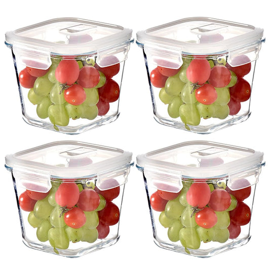 H.JSS WDJS 4 Cup Square Glass Food Storage Container with Lids, Square Glass Soup Container with Airtight Lids, 32 OZ Food Prep Bowls for Leftovers, Salad, Microwave、Fridge、Dishwasher Safe (4 Pack)