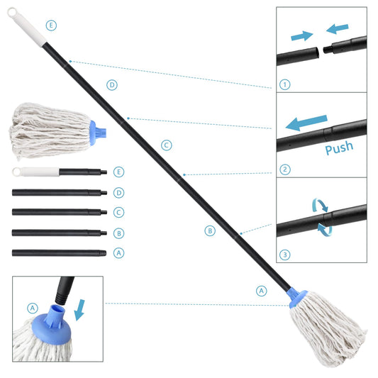 Indoor Mop for Floor Cleaning - Cotton Mops for Floor Cleaning, Regular Mop for Floors, 49-inch Simple Mops for Cleaning Living Rooms, Bathrooms, and Kitchens. (White&Blue)