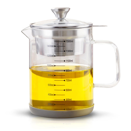 Abdodar 50oz Glass Oil Strainer Container with Fine Mesh Strainer for Bacon Grease, Nut Milk, Soy Milk, Tea Residues and All Purpose Straining (1.5L)