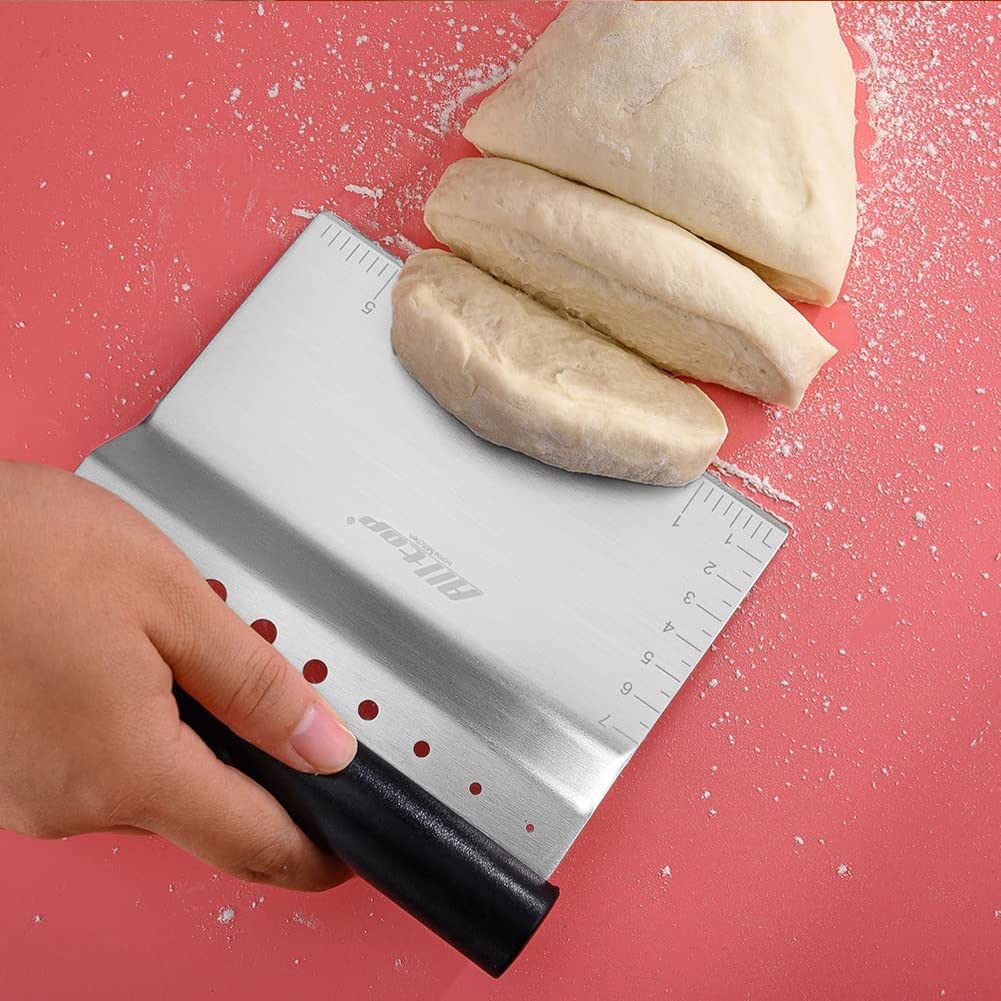 ALLTOP Bench Scraper & Chopper with Herb Stripper,Stainless Steel Multipurpose Kitchen Baking Tool for Bread Dough Pastry Cake -Leaf Remover with Plastic Handle &Upgraded Protective Cover