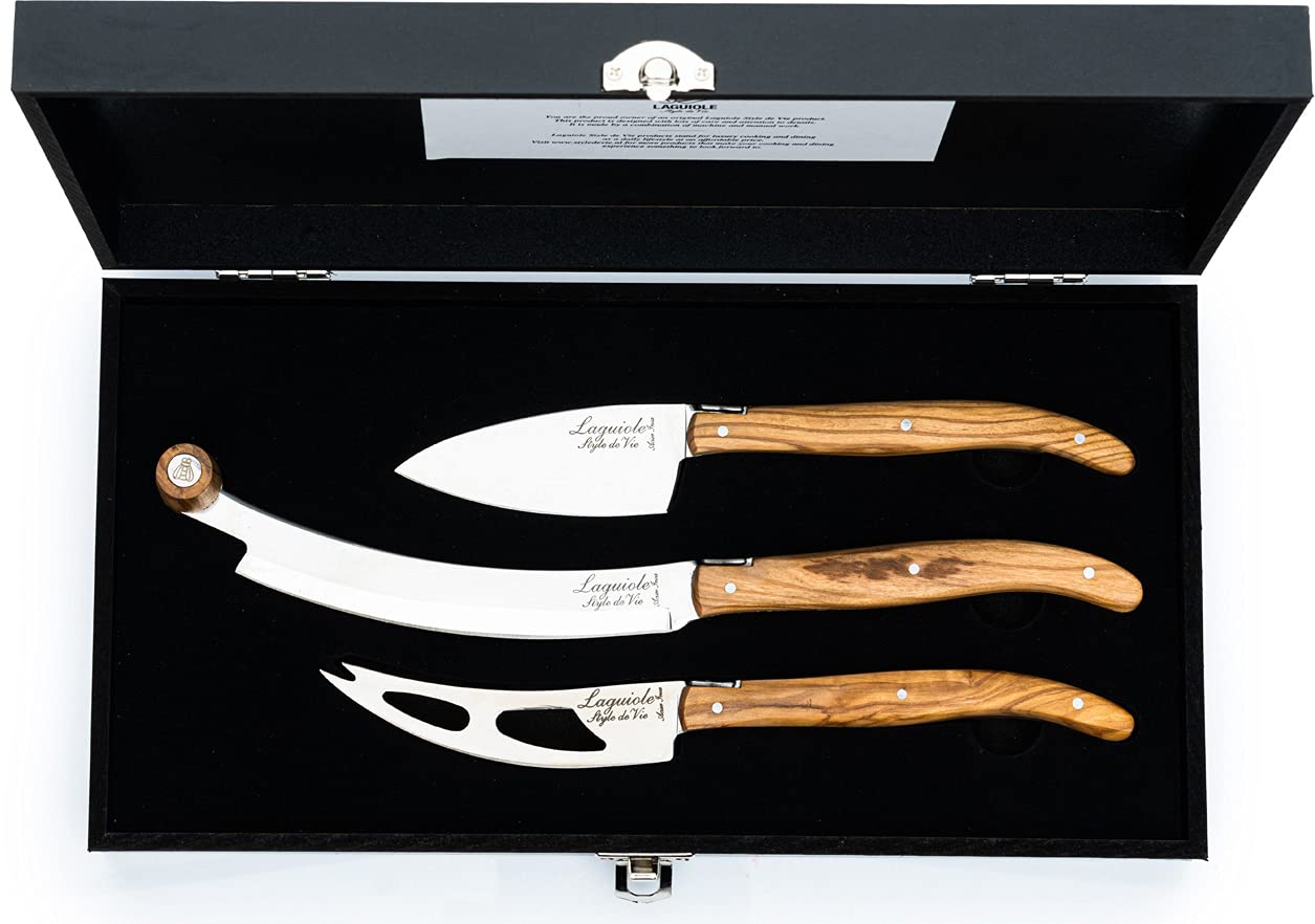 Laguiole Style De Vie Cheese Knives, Luxury Line, 3 Pieces, Olive Wood, in Giftbox