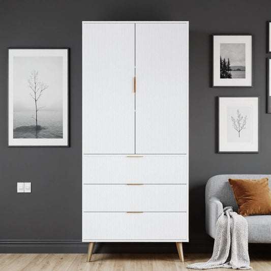 Topcomfy Tall Fluted Cabinet, Kitchen Pantry Cabinet with 2 Doors & Adjustable Shelves, Mid Century Modern Cabinet for Living Room, Dining Room, Entryway, Office, White