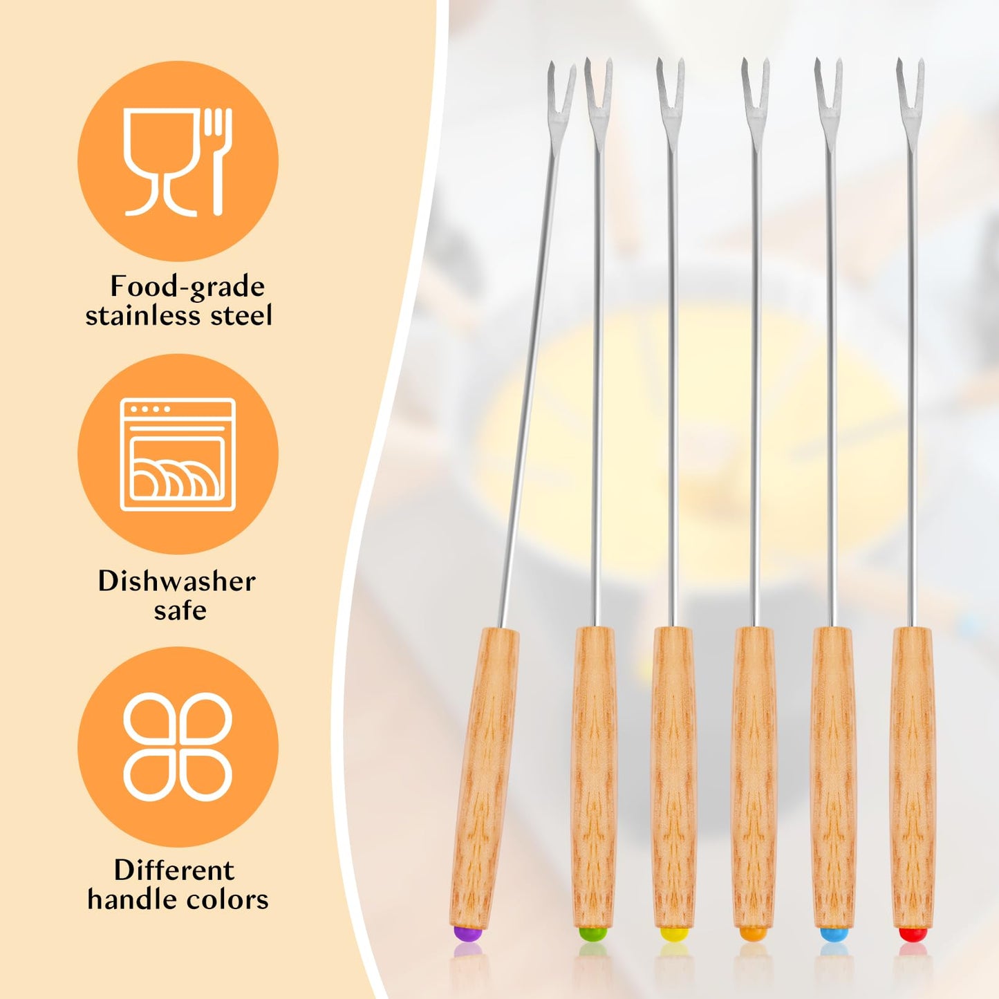 Blcculi 24 PCS Stainless Steel Fondue Forks,9.4 Inch Fondue Sticks,6 Color Coding Cheese Fondue Forks with Heat Resistant Handle,for Chocolate Fountain,Roast Meat,Cheese Fondue,Dessert Fruits