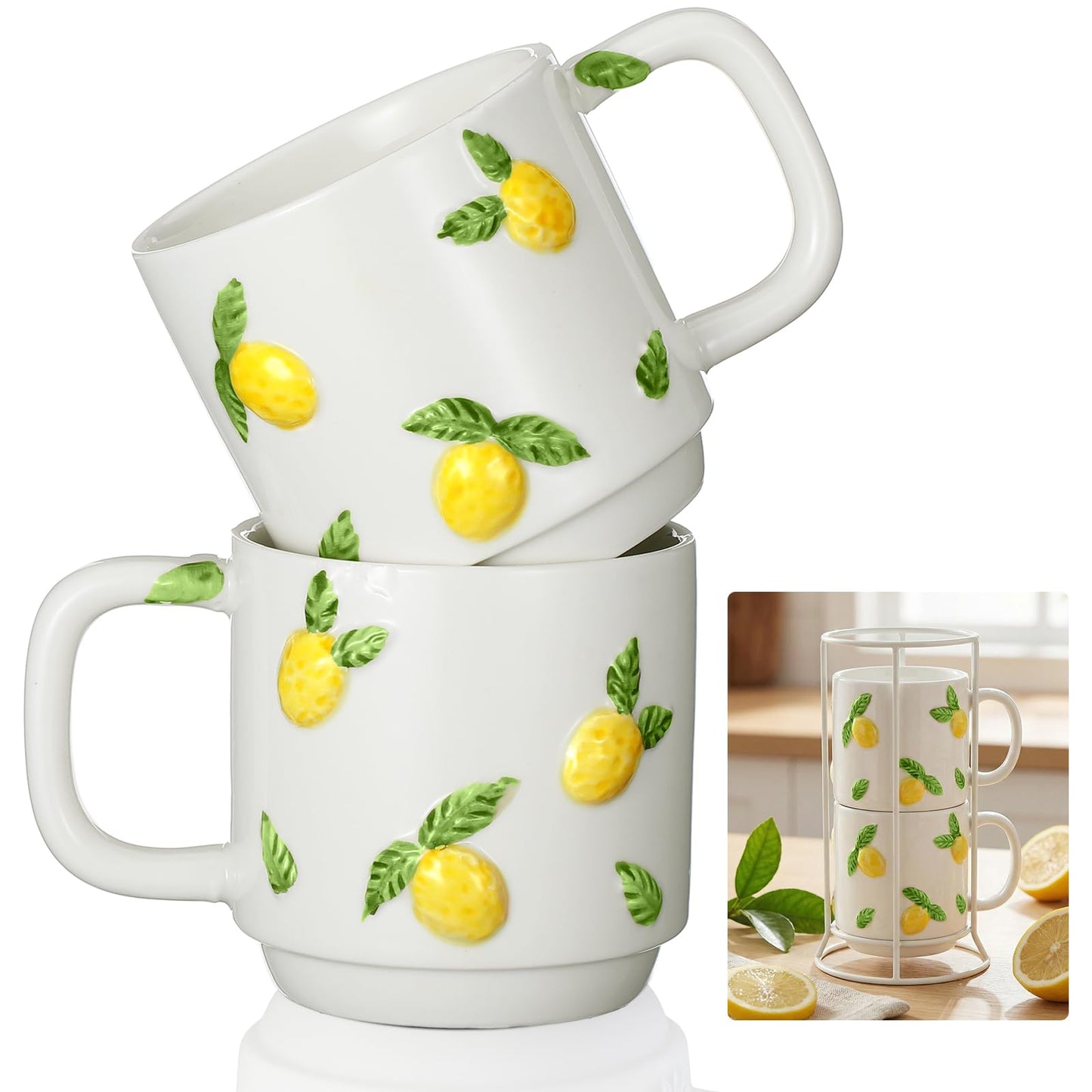 LemonRoad 2 Pcs Lemon Ceramic Coffee Mugs Handmade Pottery Coffee Cup 12 oz Stackable Cute Summer Mugs with Handle for Spring Summer Party Supplies Women Gifts