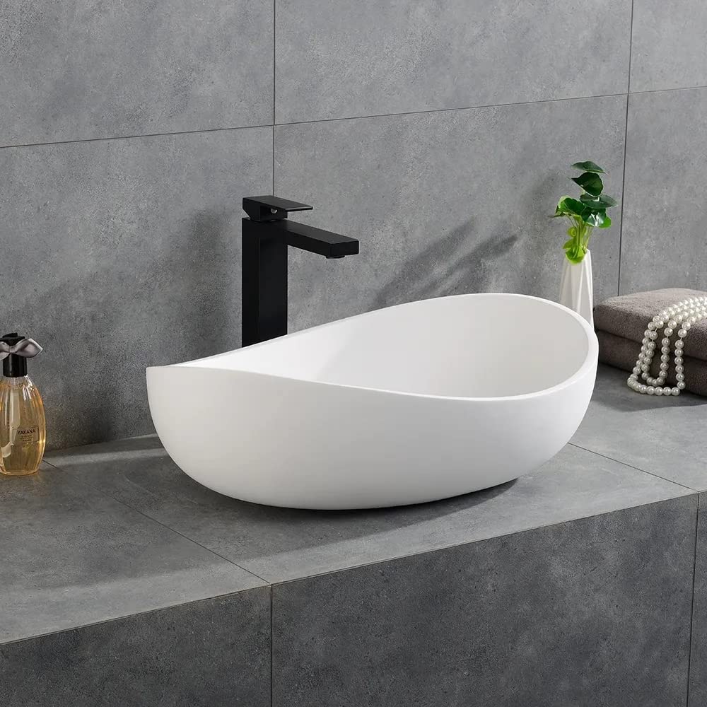 COGITIL Bathroom Sink, 22" Oval Vessel Bowl Sink Stone Resin Modern Artistic Design for Vanity Countertops Matte White with Pop Up Drain (Glossy White)