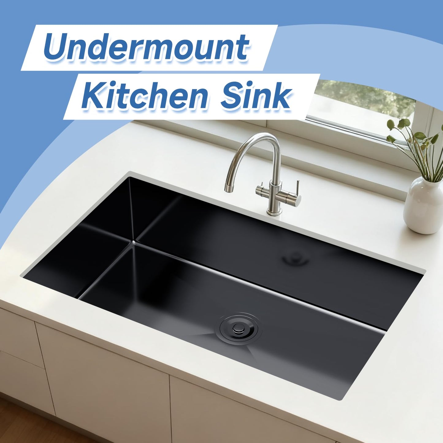 32 Inch Undermount Kitchen Sink, 32x19x8" Single Bowl Stainless Steel Handmade 16 Gauge Under Counter Kitchen Sink Basin Black