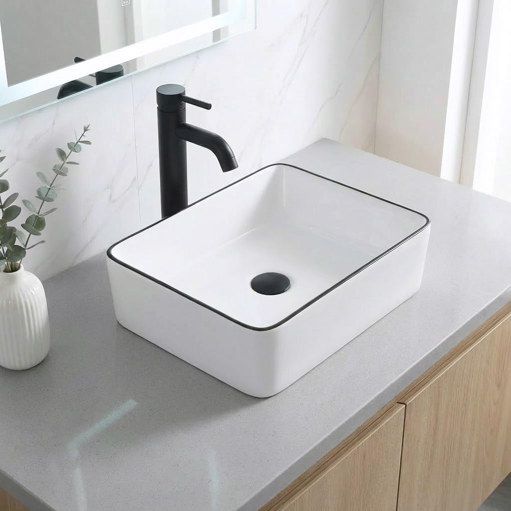 MAISINK Bathroom Vessel Sink, Rectangular 16"x12" Modern Small Bathroom Sink Above Counter, Rectangle White Porcelain Ceramic Small Vessel Sink With Black Trim