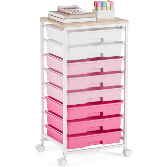 Rolling Cart with Drawers, Pink Cart with 8 Plastic Drawer Storage and Wooden Tabletop, Craft Storage, Teacher Cart, Storage Cart on Wheels, Rose Pink