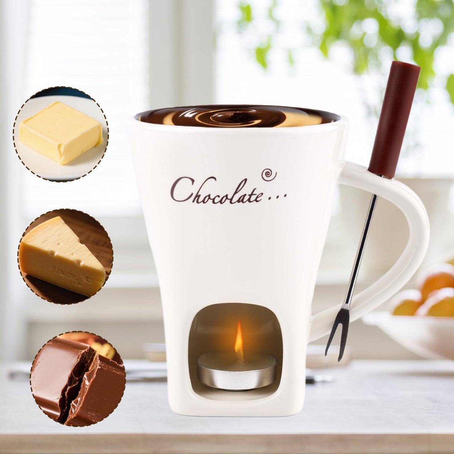 Chocolate Fondue Mug with Fork, Sweet Melting Cup with Tealights for Chocolate Cheese & Desserts Ceramic Fondue Pot Set Ideal Gift for Date Nights Birthdays Anniversary Weddings (White)