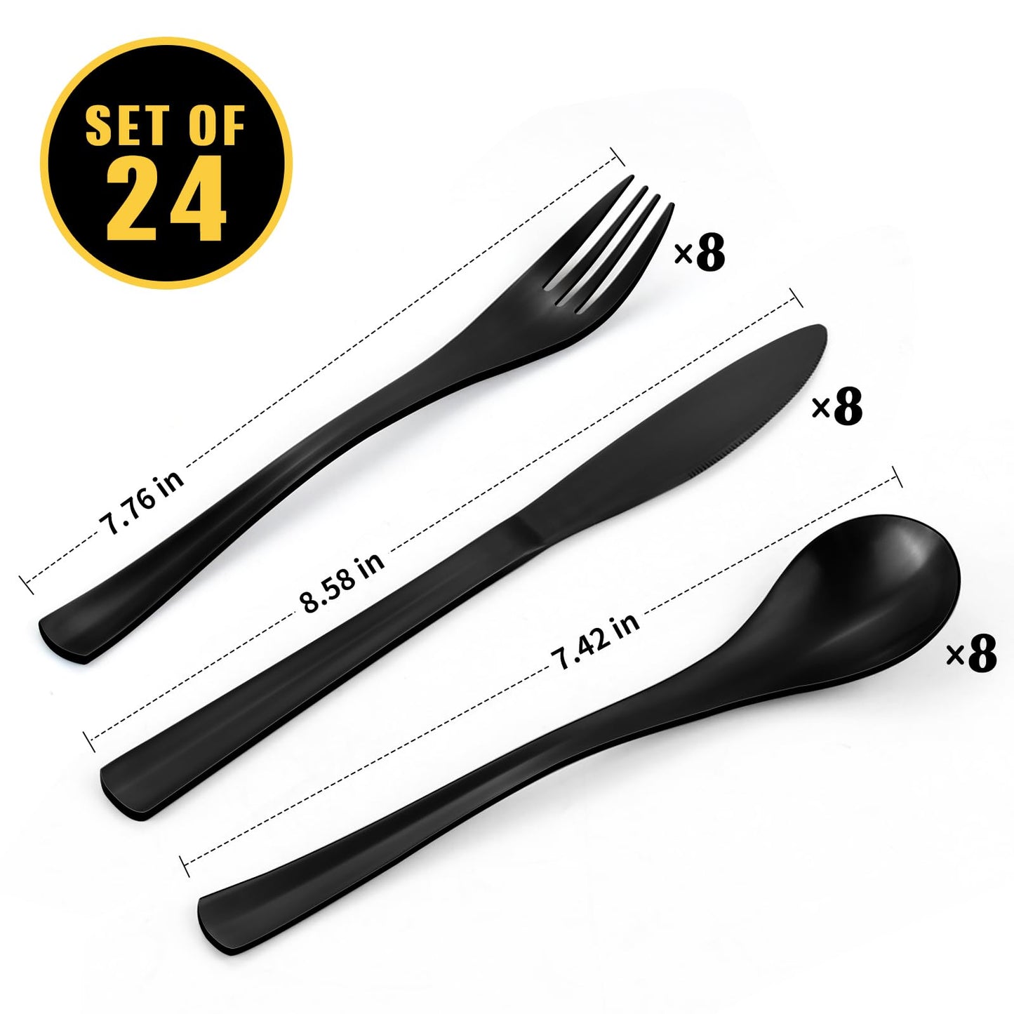 Bysta 24 Piece Black Silverware Set, Knife Fork Spoon Set, Stainless Steel Flatware Cutlery Set, Kitchen Utensil Set Service for 8, Tableware Set for Home and Restaurant, Dishwasher Safe, Satin Finish
