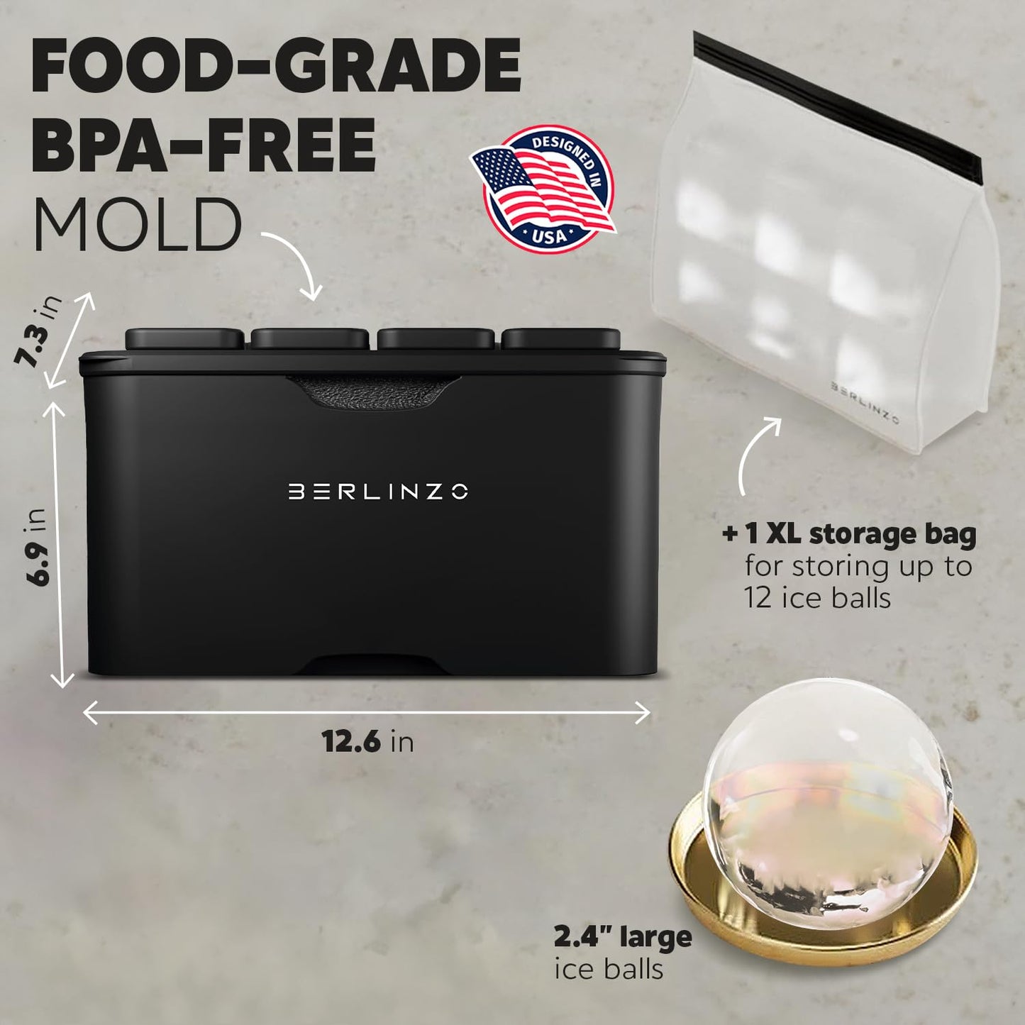 Berlinzo Premium Clear Ice Ball Maker Mold - 8 Large 2.4" Crystal Clear Ice Balls for Whiskey, Cocktails & Bourbon - Easy-to-Remove Mold for Ice Spheres - XL Storage Bag Included (Non-Electric)