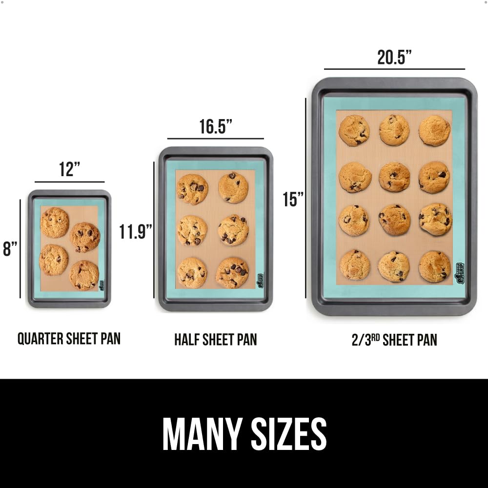 GORILLA GRIP Food Grade Reusable Nonstick Silicone Baking Mat, 16.5x11.87, Half Sheet 2PK, Oven Safe Cookie Sheet Liners, Up to 500 Degrees, No Mess Easy Clean Pastry Mats, Kitchen Essentials, Mint