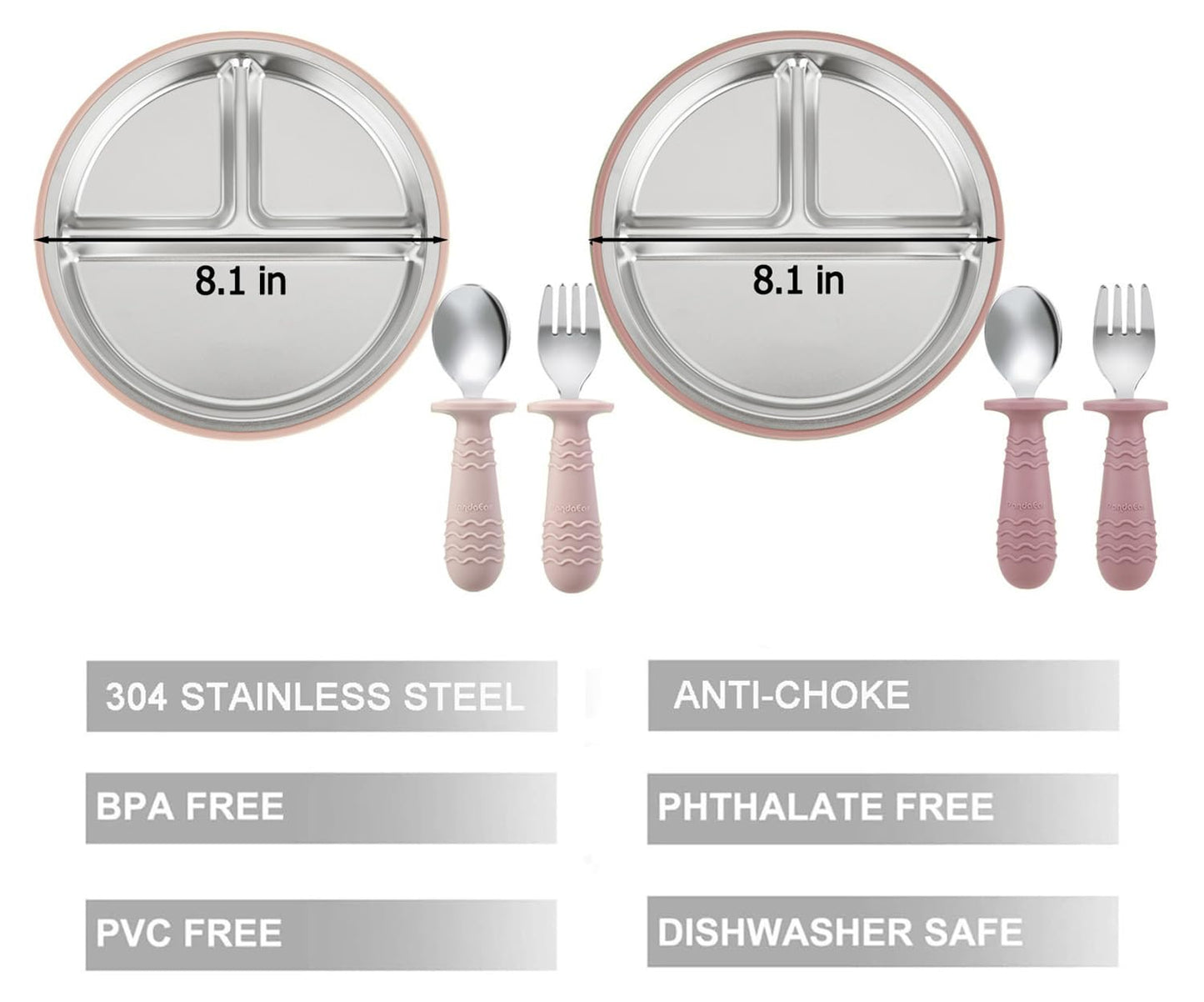 PandaEar 2 Pack Stainless Steel Baby Suction Plates & 2 Pack Spoons and Forks Set, Toddler Utensils Baby Feeding Set, Divided Plates for Baby Led Weaning Supplies, BPA-Free (Pink)