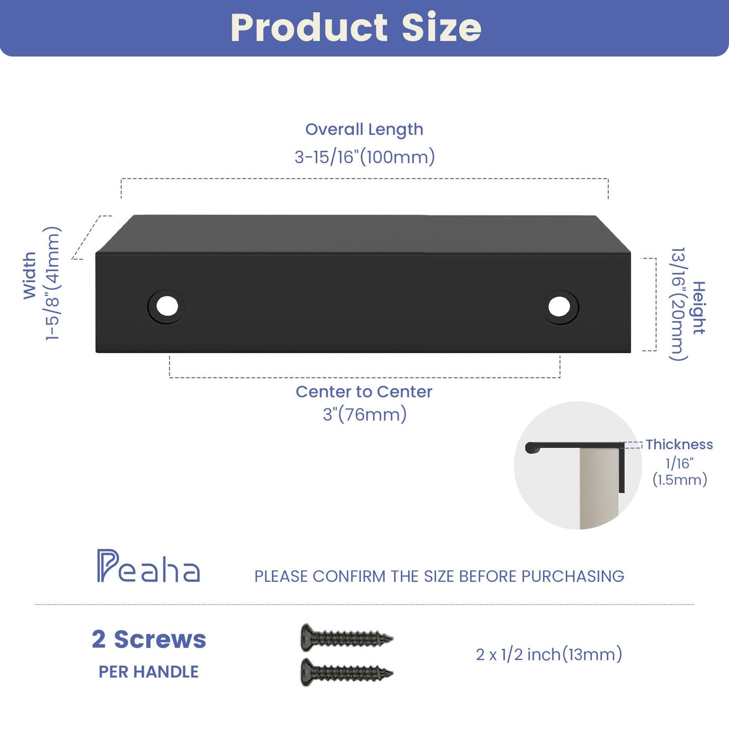 Peaha 10 Pack Black Cabinet Pulls Kitchen Handles 3 inch Aluminum Alloy Edge Finger Pull Dresser Drawer Handles