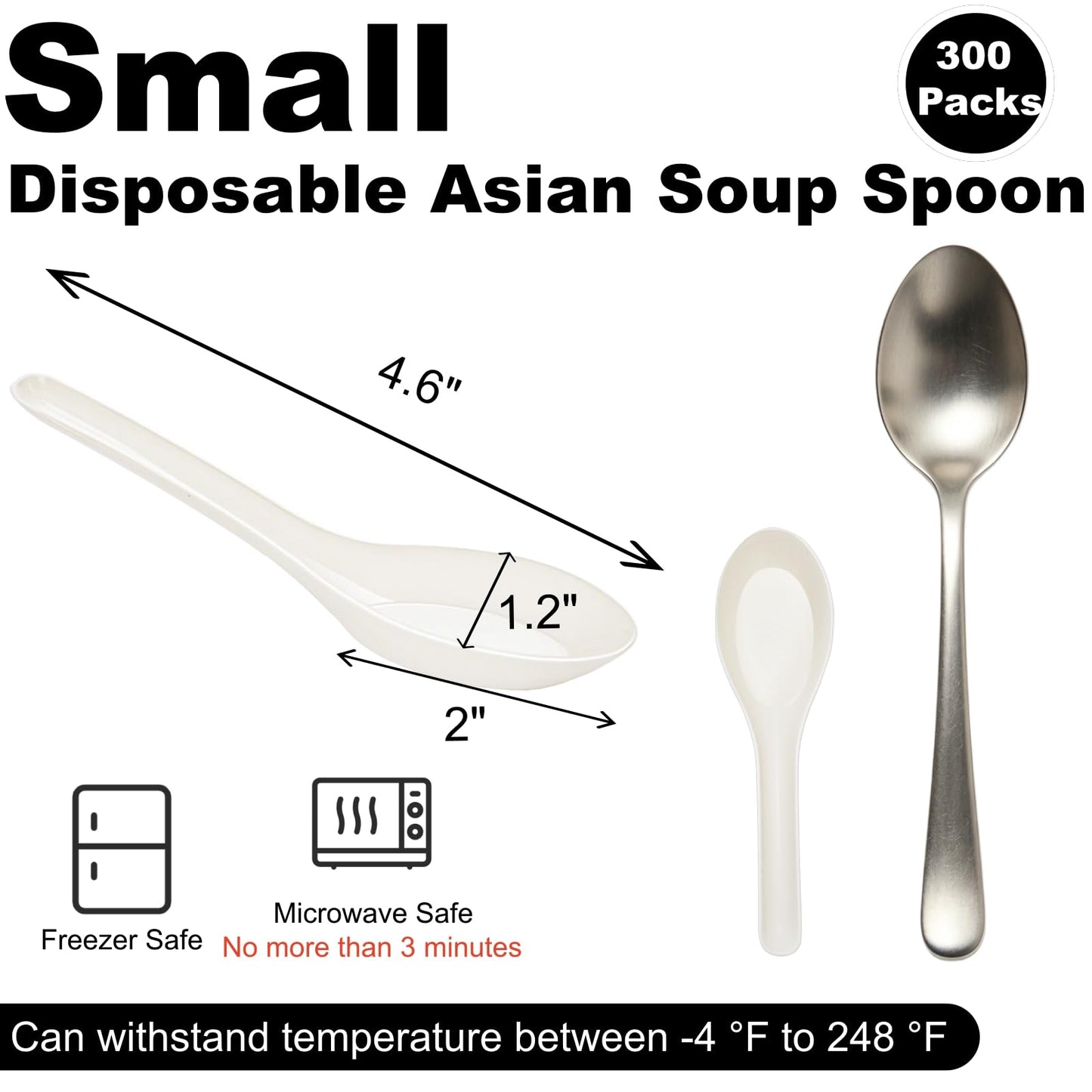ELFULLY 300 Pack Small Disposable Asian Soup Spoon, Mini Plastic Spoons Bulk, 4.6" × 1.2" Heavy Duty Spoons for Hot Soup, Utensil Cutlery for Home Restaurant Party Supply, Freezer Microwave Safe