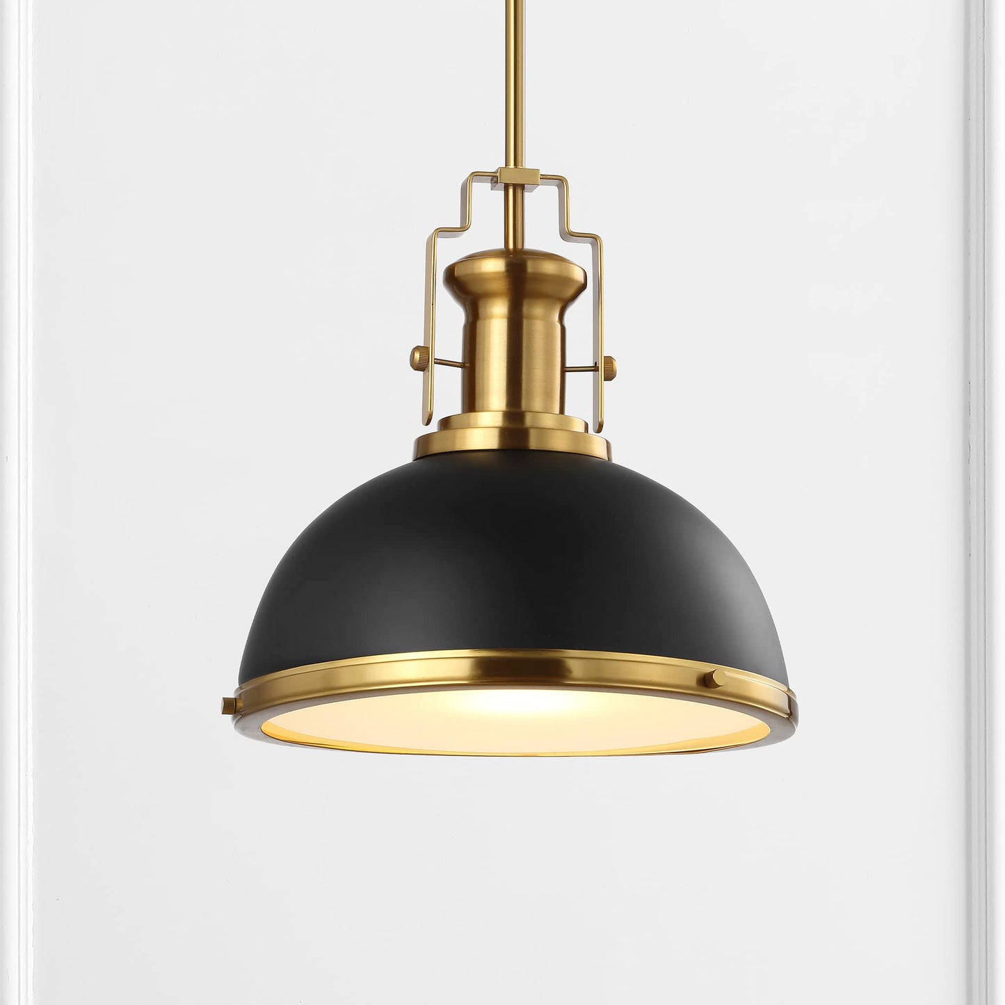 JONATHAN Y 13" Black/Brass Gold Modern Industrial Iron LED Dome Pendant Light, Adjustable Hanging Fixture for Kitchen Island or Entryway, Black Metal Shade, LED Bulb Included (JYL9536A)