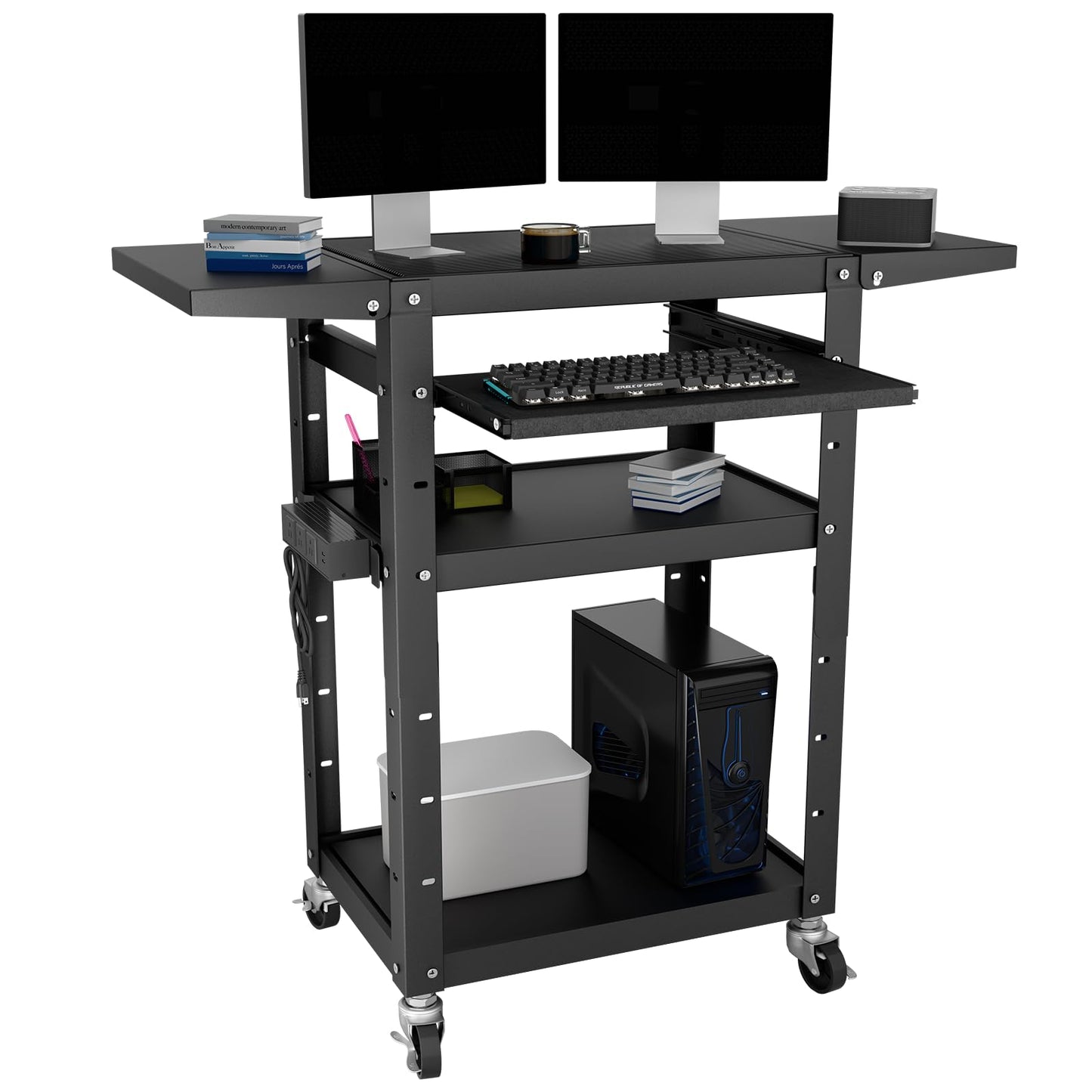 Mobile AV Cart with Pullout Keyboard Tray, Rolling Computer Cart Height Adjustable Rolling Media Utility Cart with 4 Wheels, 4 Outlets, Perfect for Home or Office Us