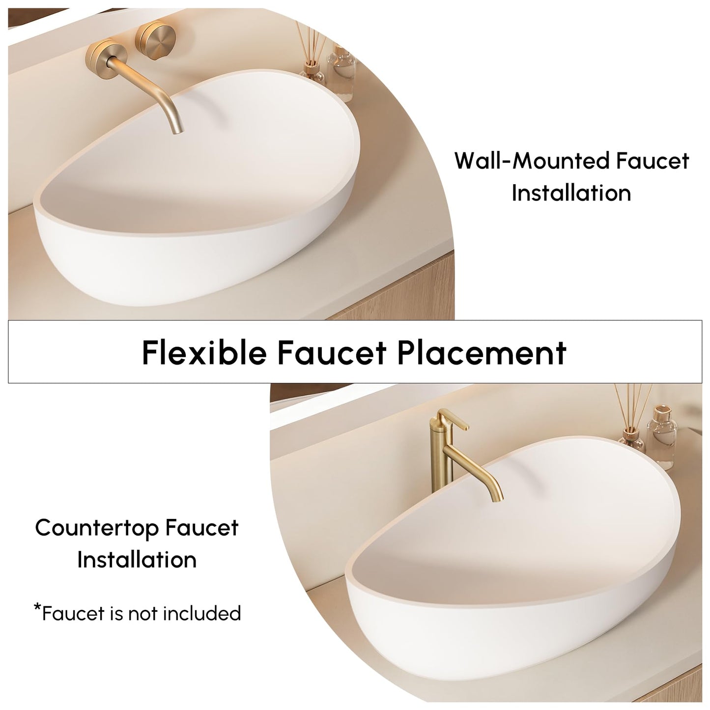 Weibath Oval Vessel Sink, Stone Resin Bathroom Sink in Matte White with Pop-Up Drain, Modern Countertop Sink 22.44"