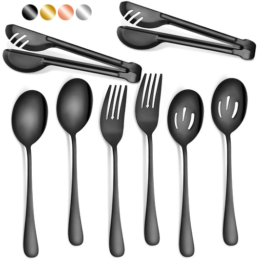Patelai 8 Pcs Black Stainless Steel Serving Utensils Set 8.7" Large Spoons and Slotted Spoon 9.45" Tong 9" Forks Flatware Wedding Party Restaurant Cooking Kitchen Holiday Buffet Banquet Catering Hotel