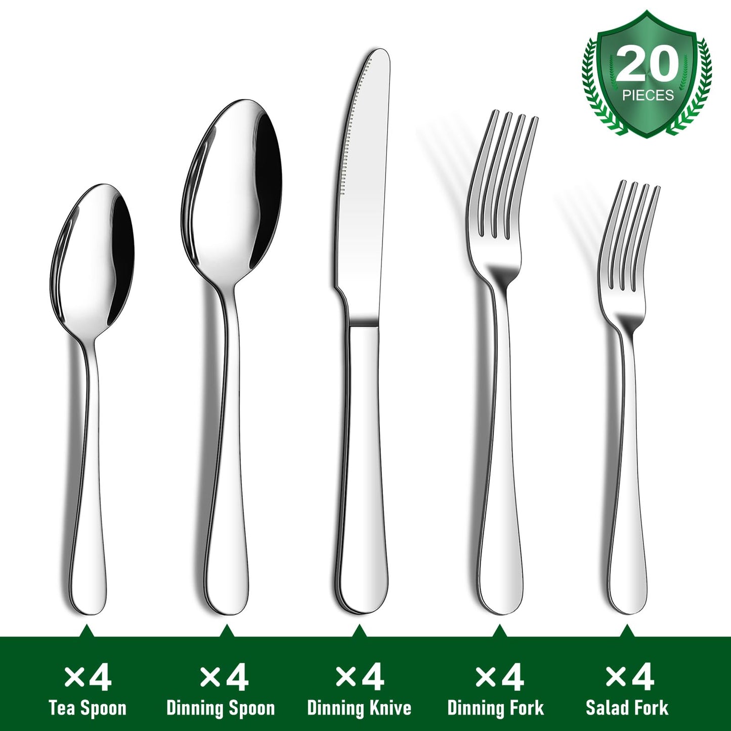 20 Piece Silverware Set, ENLOY Stainless Steel Flatware Cutlery Set, Kitchen Utensil Set Service for 4, Include Knife Fork Spoon, Mirror Polished, Dishwasher Safe