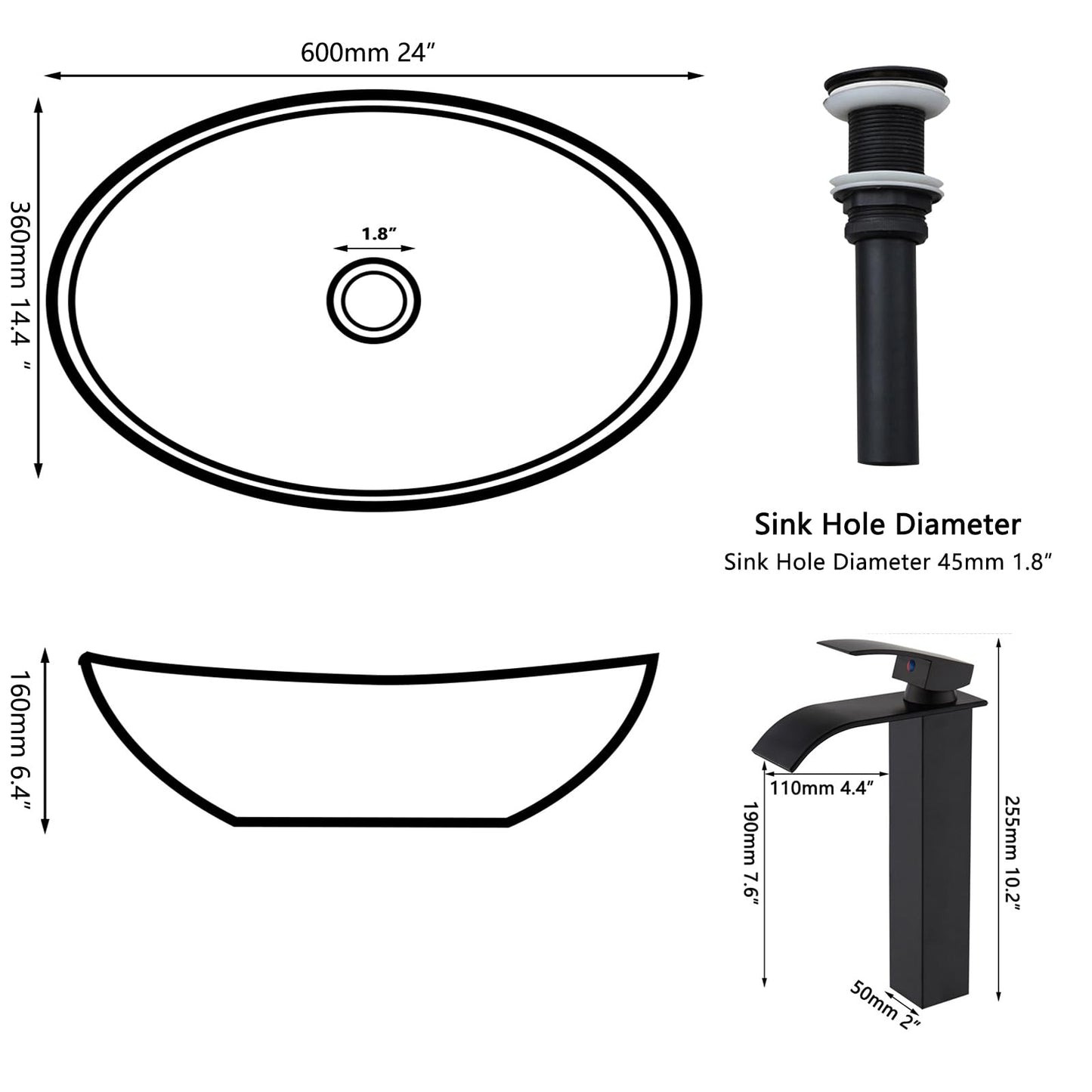 Zoyueyu 24x14 Inch Vessel Sink with Waterfall Faucet and Pop-up Drain Marbling Bathroom Sinks Ceramic Above Counter Bowl Sink Oval Bathroom Sink Porcelain
