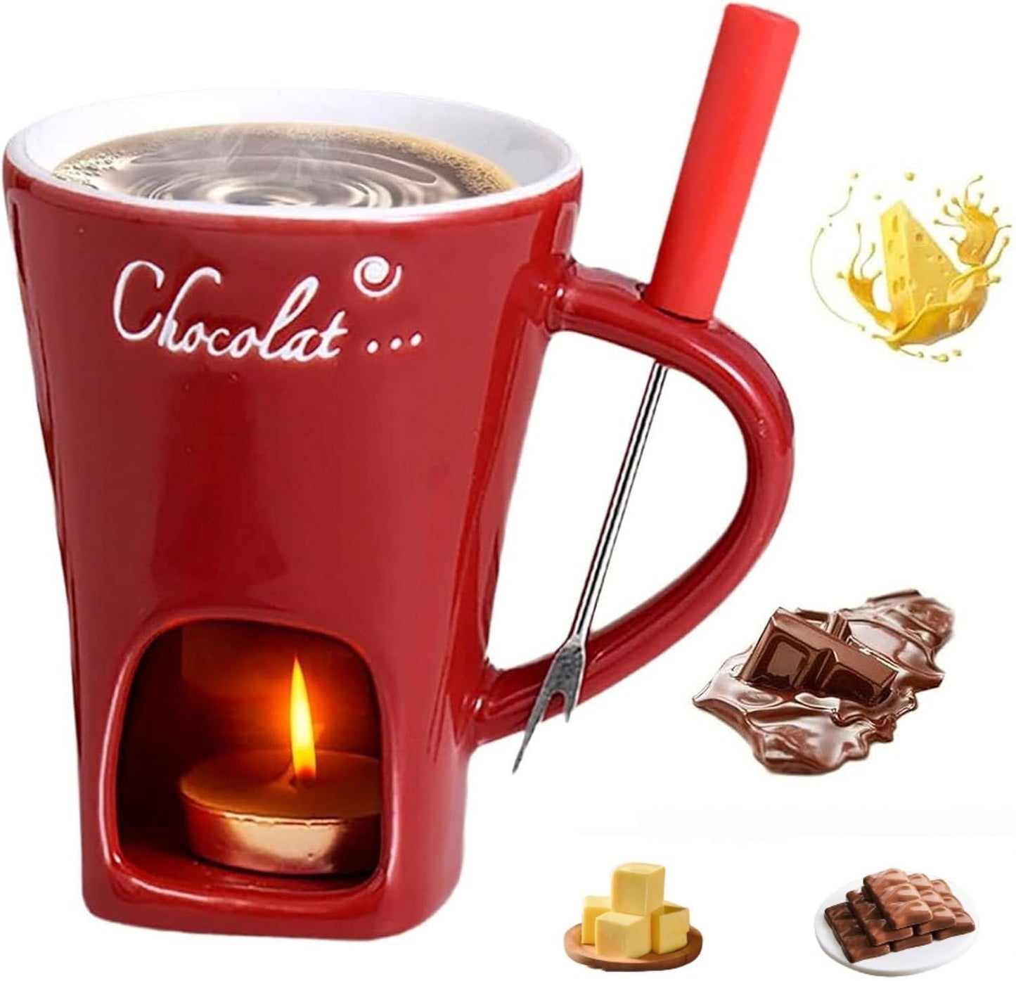 Chocolate Fondue Mug – Ceramic Melting Mug with Forks, Individual Fondue Cups for Chocolate, Cheese, Butter – Perfect Romantic Gift for Couples, Birthday or Valentine’s Day (1PCS-Red)