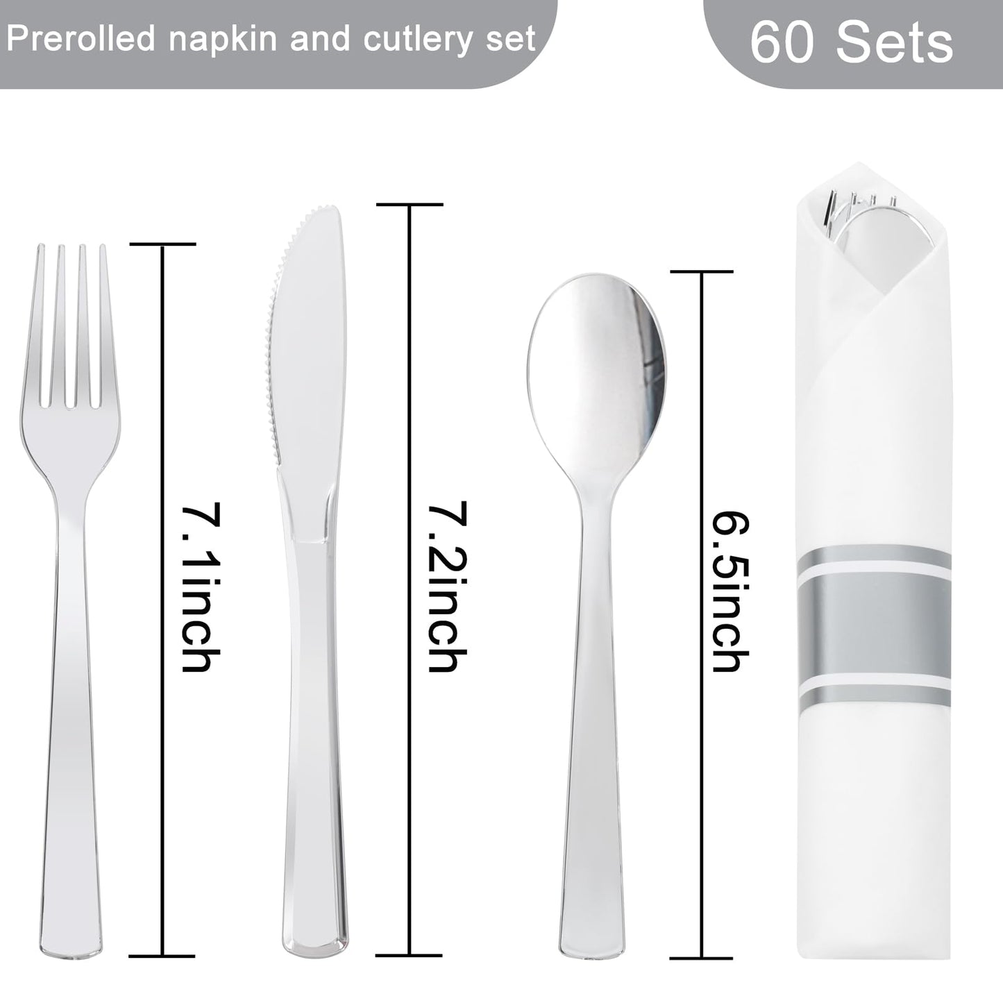 EI 60Pack Pre Rolled Silver Plastic Silverware Disposable Rolled Cutlery with Napkins,Sliver Plastic Wrapped Silverware Disposable Heavy Duty Perfect for Tea Party,Wedding,Spring,Valentine's Day